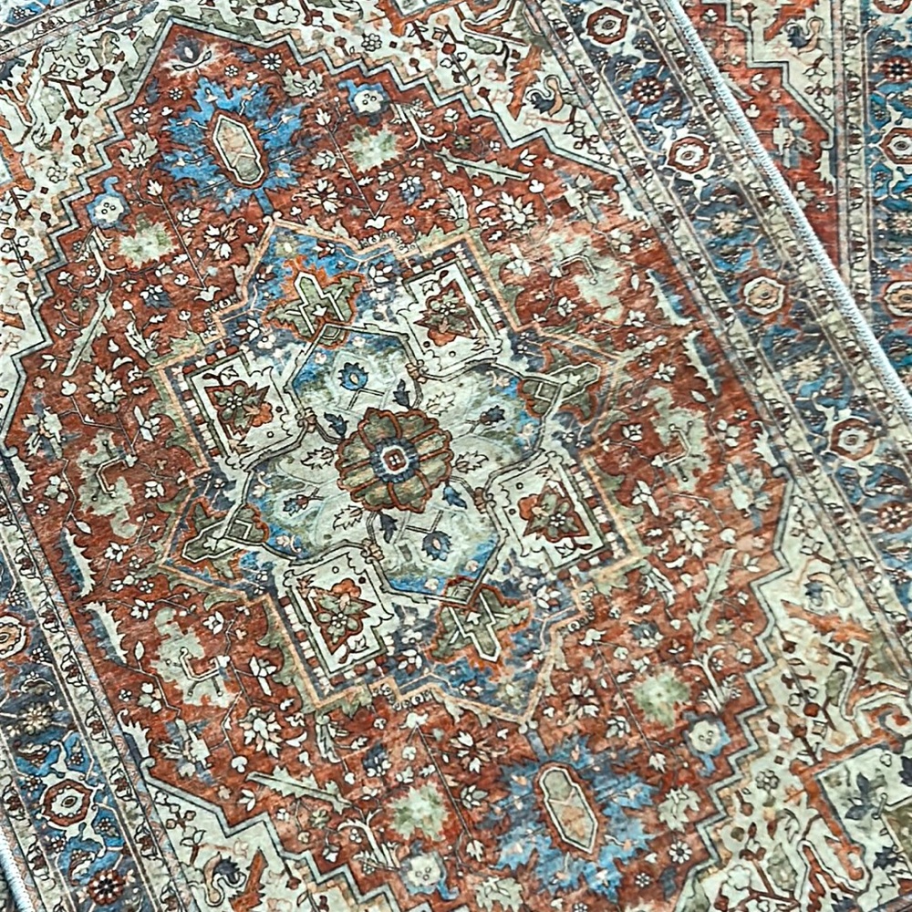 NWOT x2 Rugs with Anti Skid backing size approx 24 x 36 Blue/Rust/Taupe/Green